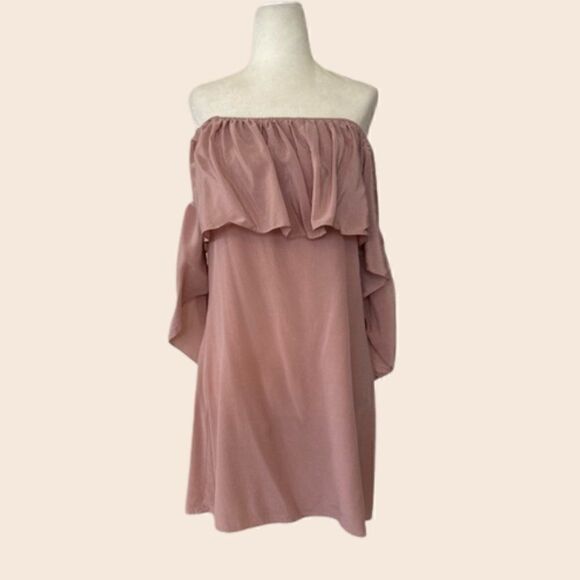 Roe + May Blush Pink Silk Off Shoulder Mini Baby Doll Dress Size Large - Picture 1 of 8